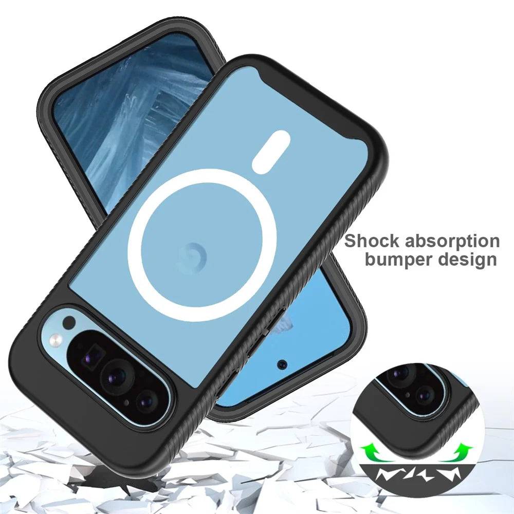 For Google Pixel 9 / Pixel 9 Pro Case PC+TPU Clear Phone Cover with PET Screen Film All-Around Protection Magnetic Wireless Charging - Black - 4
