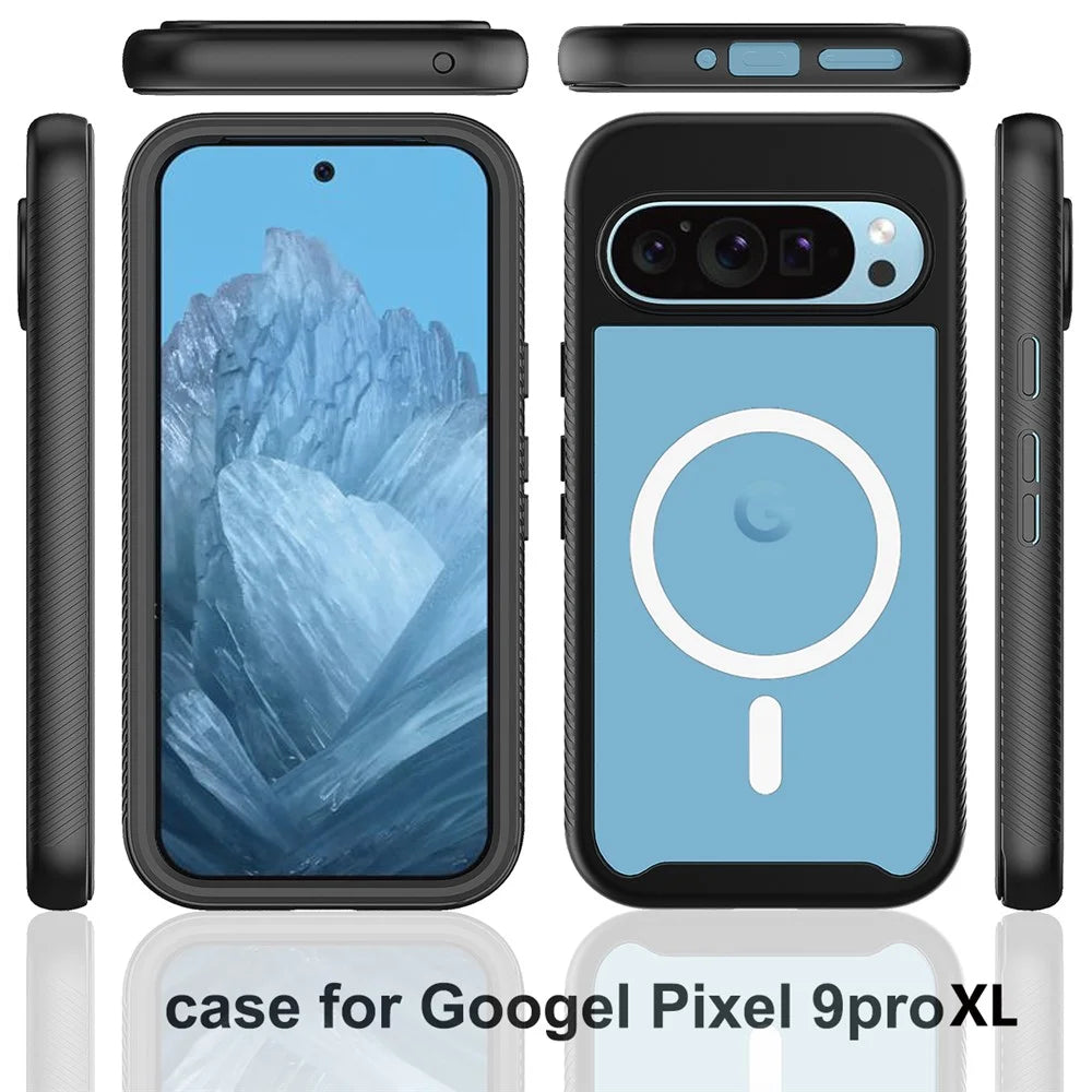For Google Pixel 9 / Pixel 9 Pro Case PC+TPU Clear Phone Cover with PET Screen Film All-Around Protection Magnetic Wireless Charging - Black - 5