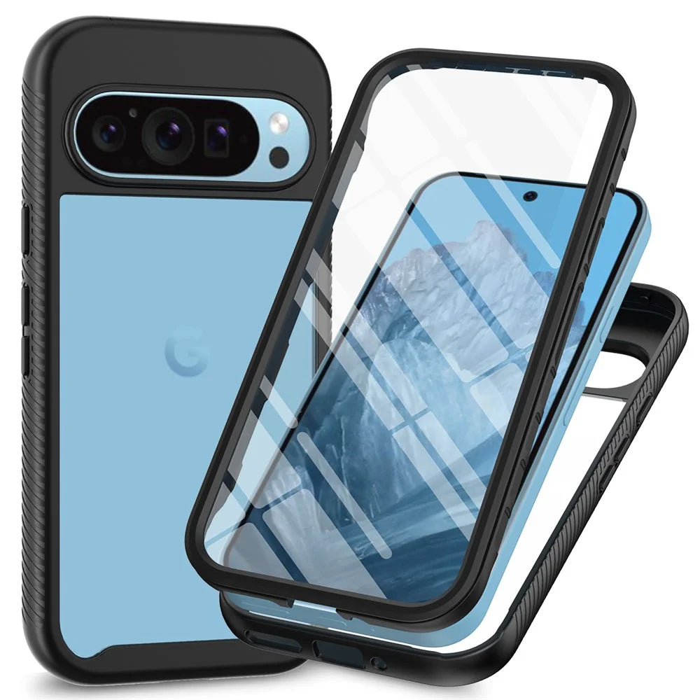 For Google Pixel 9 / Pixel 9 Pro Case PC+TPU Clear Phone Cover with PET Screen Film All-Around Protection - Black - 1