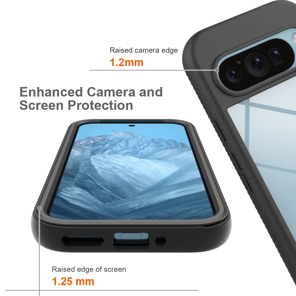 For Google Pixel 9 / Pixel 9 Pro Case PC+TPU Clear Phone Cover with PET Screen Film All-Around Protection - Black - 3