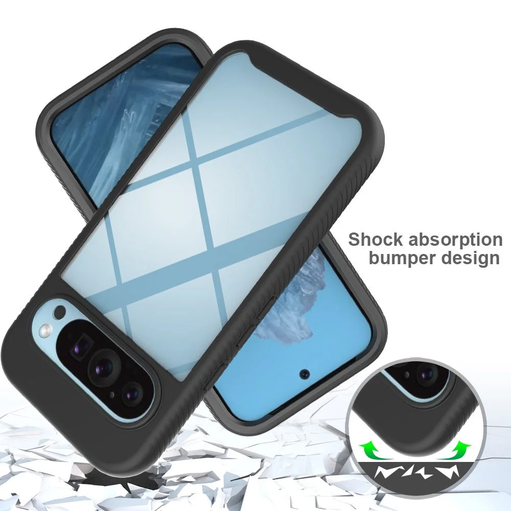 For Google Pixel 9 / Pixel 9 Pro Case PC+TPU Clear Phone Cover with PET Screen Film All-Around Protection - Black - 4