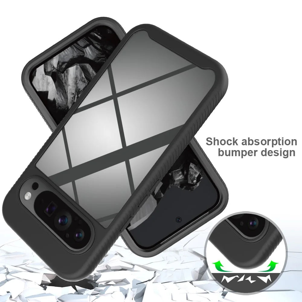 For Google Pixel 9 Pro XL Case PC+TPU Clear Phone Cover with PET Screen Film All-Around Protection - Black - 4