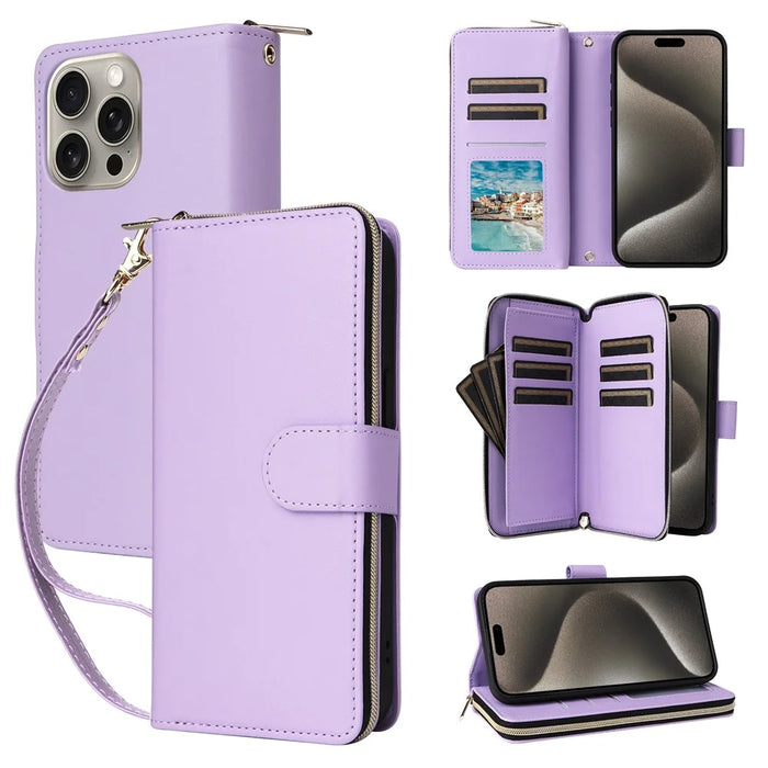 R20 For iPhone 15 Pro Max Case Zipper Pocket PU Leather Cover with 9 Card Slots - Purple - 1