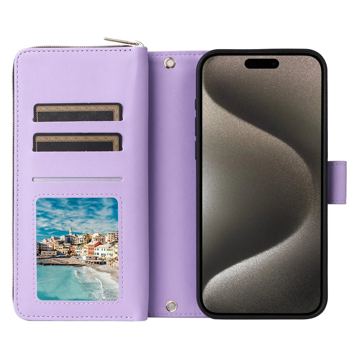 R20 For iPhone 15 Pro Max Case Zipper Pocket PU Leather Cover with 9 Card Slots - Purple - 2