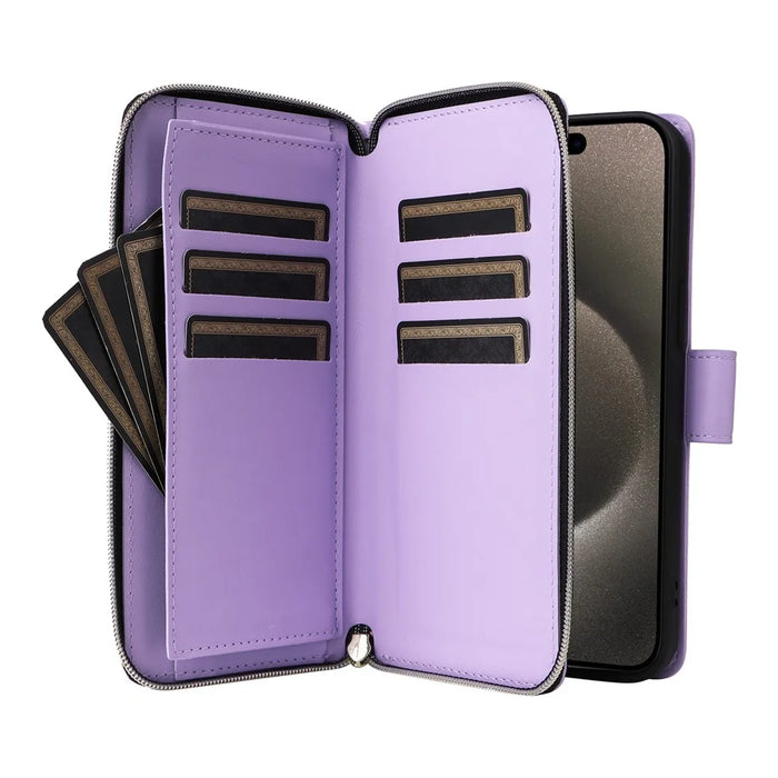 R20 For iPhone 15 Pro Max Case Zipper Pocket PU Leather Cover with 9 Card Slots - Purple - 3