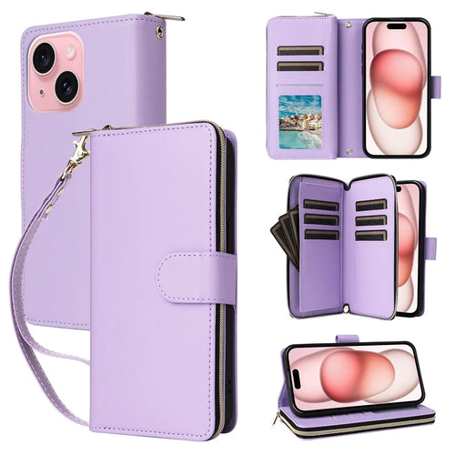 R20 For iPhone 15 Case Zipper Pocket PU Leather Cover with 9 Card Slots - Purple - 1
