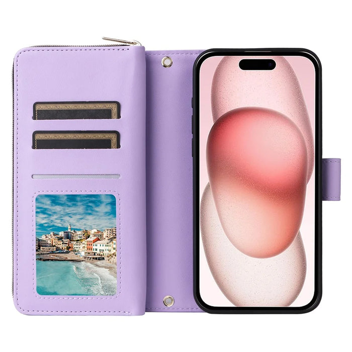 R20 For iPhone 15 Case Zipper Pocket PU Leather Cover with 9 Card Slots - Purple - 2