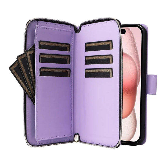 R20 For iPhone 15 Case Zipper Pocket PU Leather Cover with 9 Card Slots - Purple - 3