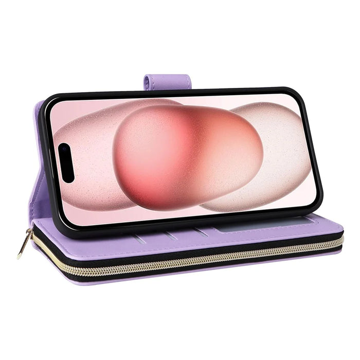 R20 For iPhone 15 Case Zipper Pocket PU Leather Cover with 9 Card Slots - Purple - 4