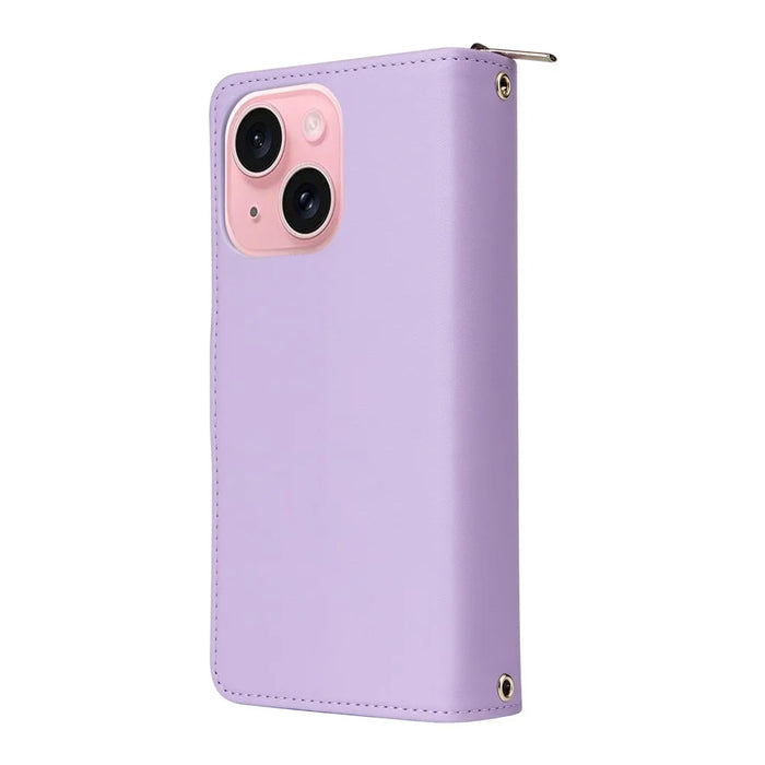 R20 For iPhone 15 Case Zipper Pocket PU Leather Cover with 9 Card Slots - Purple - 6
