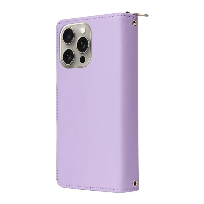 R20 For iPhone 15 Pro Case Zipper Pocket PU Leather Cover with 9 Card Slots - Purple - 6
