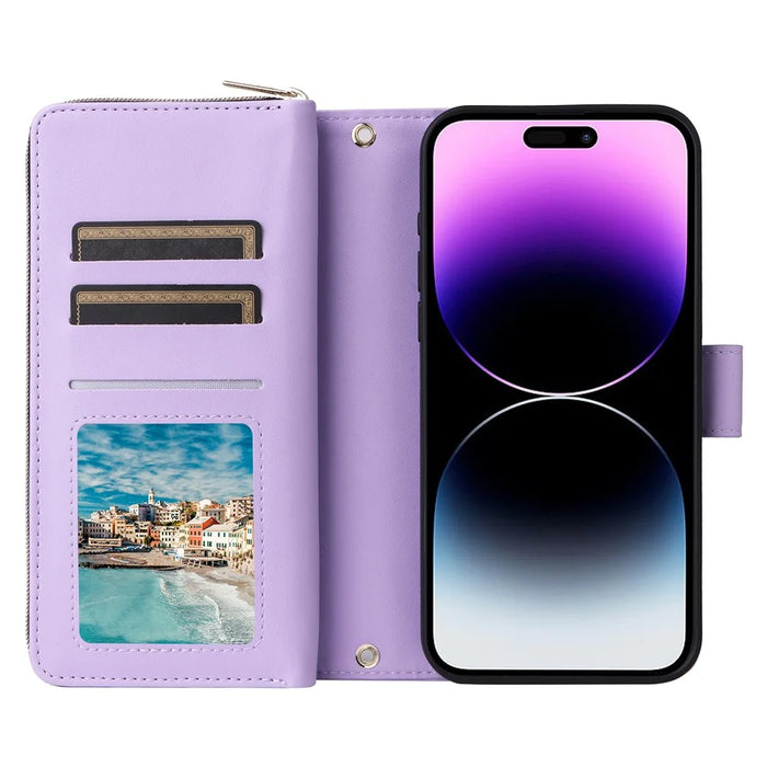 R20 For iPhone 14 Pro Max Case Zipper Pocket PU Leather Cover with 9 Card Slots - Purple - 2