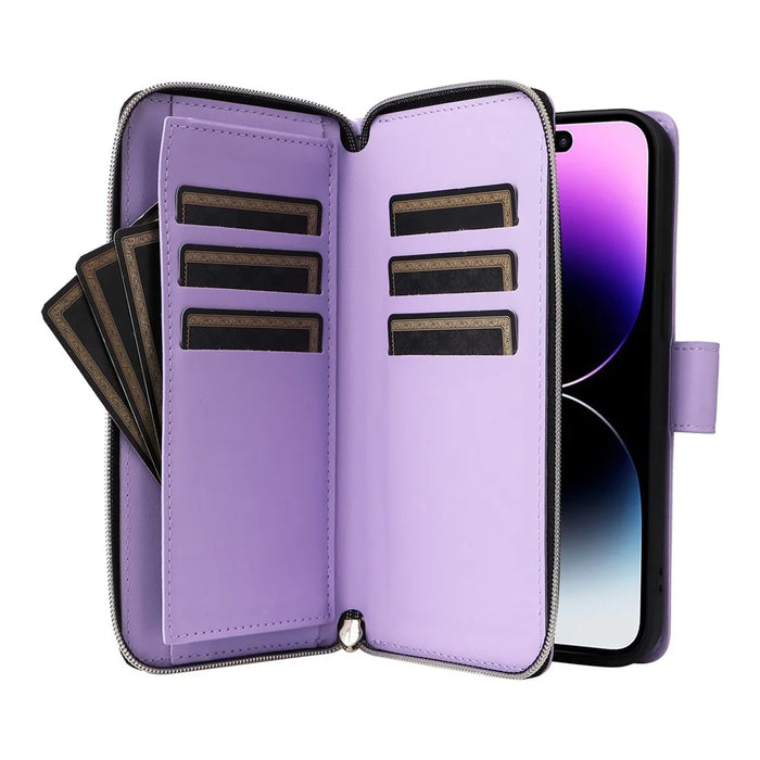 R20 For iPhone 14 Pro Max Case Zipper Pocket PU Leather Cover with 9 Card Slots - Purple - 3