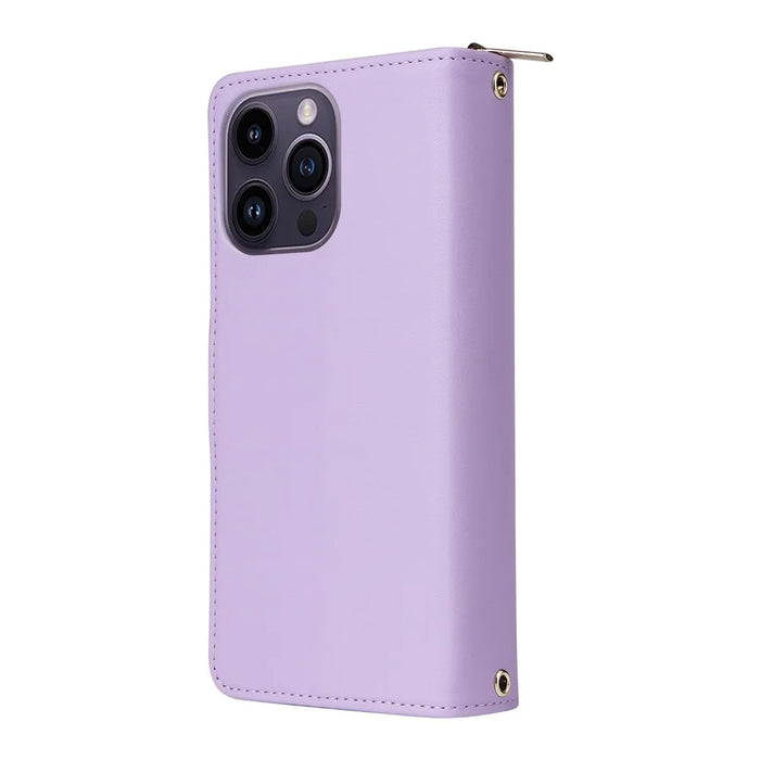 R20 For iPhone 14 Pro Max Case Zipper Pocket PU Leather Cover with 9 Card Slots - Purple - 6