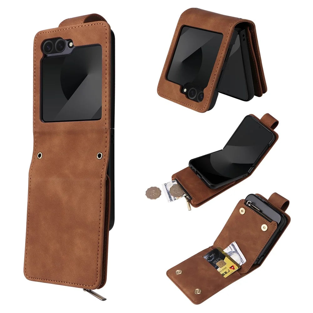 For Samsung Galaxy Z Flip7 FE 5G / Z Flip6 5G Case Zipper Multi-Pocket Wallet Leather Phone Cover with Shoulder and Wrist Straps - Brown - 1