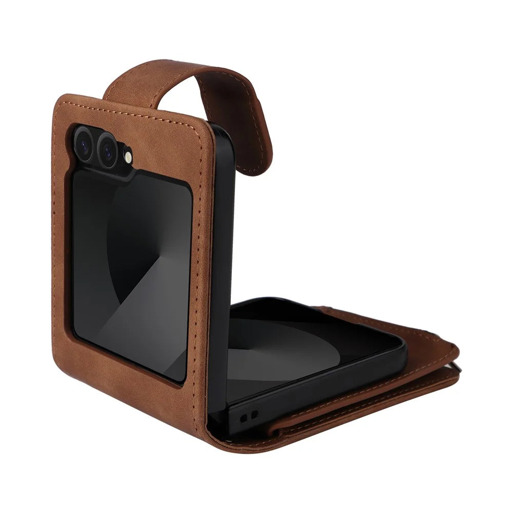 For Samsung Galaxy Z Flip7 FE 5G / Z Flip6 5G Case Zipper Multi-Pocket Wallet Leather Phone Cover with Shoulder and Wrist Straps - Brown - 2