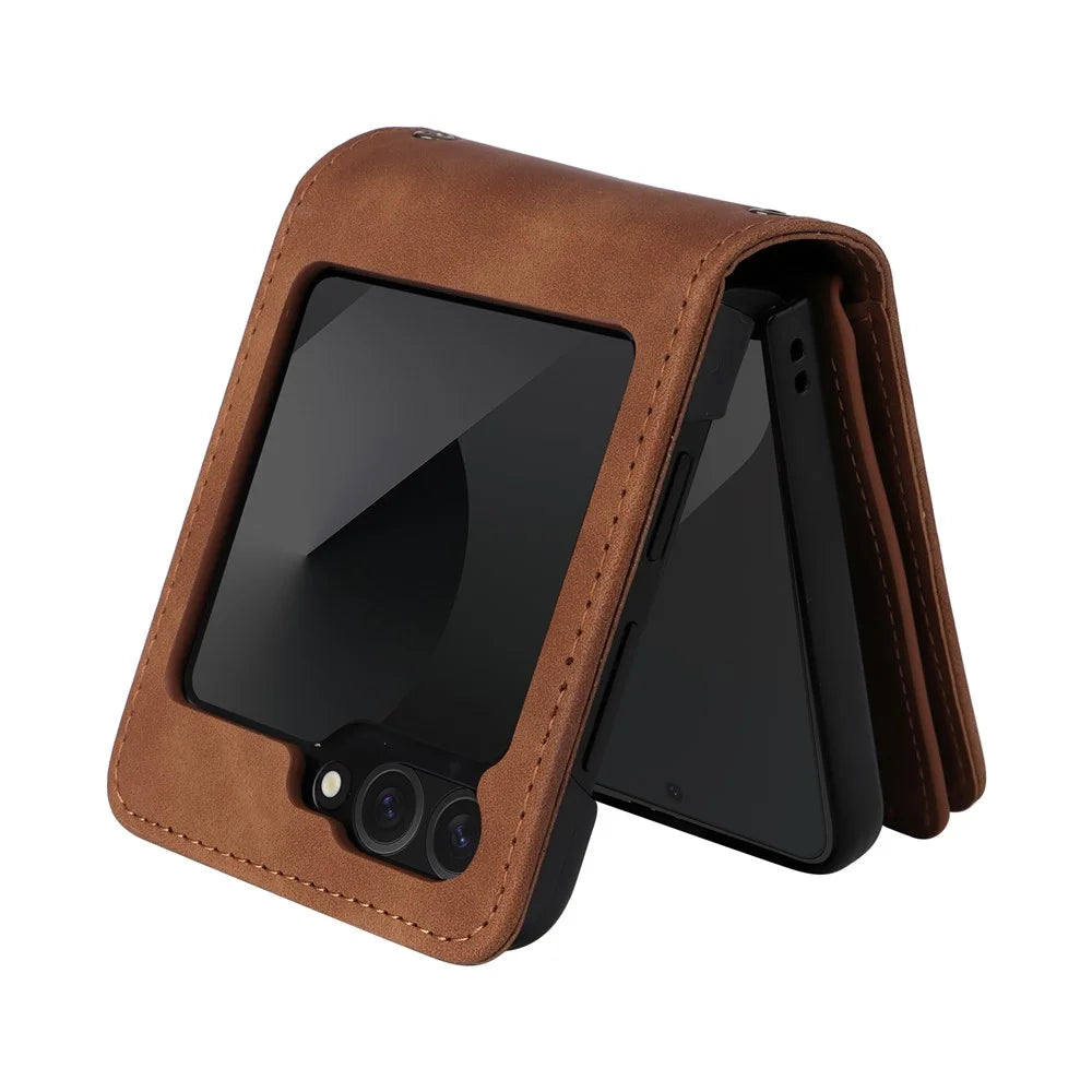 For Samsung Galaxy Z Flip7 FE 5G / Z Flip6 5G Case Zipper Multi-Pocket Wallet Leather Phone Cover with Shoulder and Wrist Straps - Brown - 3