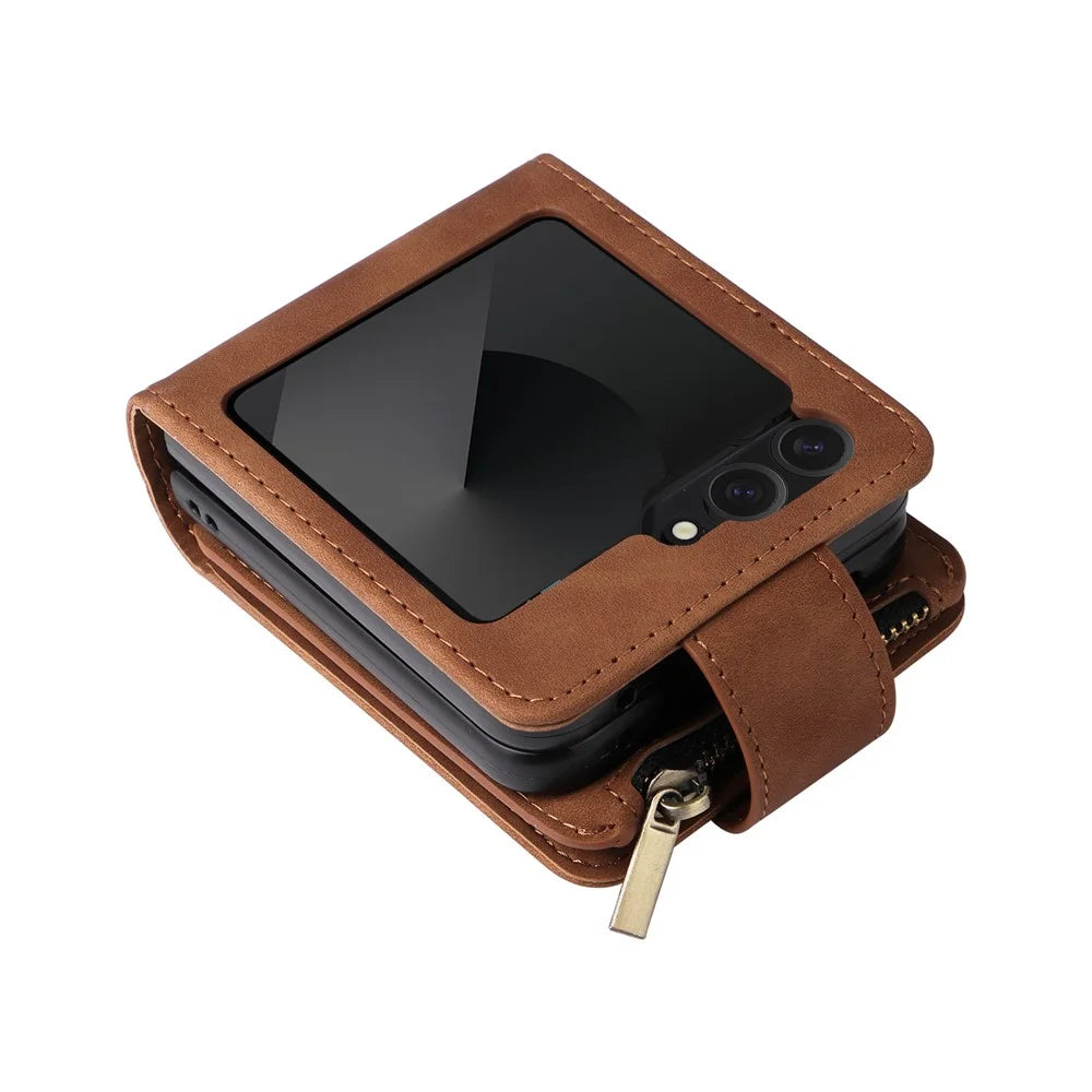For Samsung Galaxy Z Flip7 FE 5G / Z Flip6 5G Case Zipper Multi-Pocket Wallet Leather Phone Cover with Shoulder and Wrist Straps - Brown - 4