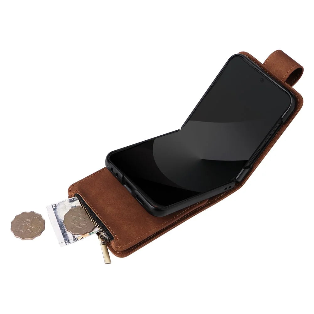 For Samsung Galaxy Z Flip7 FE 5G / Z Flip6 5G Case Zipper Multi-Pocket Wallet Leather Phone Cover with Shoulder and Wrist Straps - Brown - 5