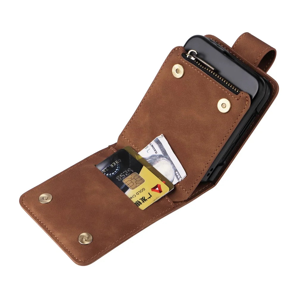 For Samsung Galaxy Z Flip7 FE 5G / Z Flip6 5G Case Zipper Multi-Pocket Wallet Leather Phone Cover with Shoulder and Wrist Straps - Brown - 6