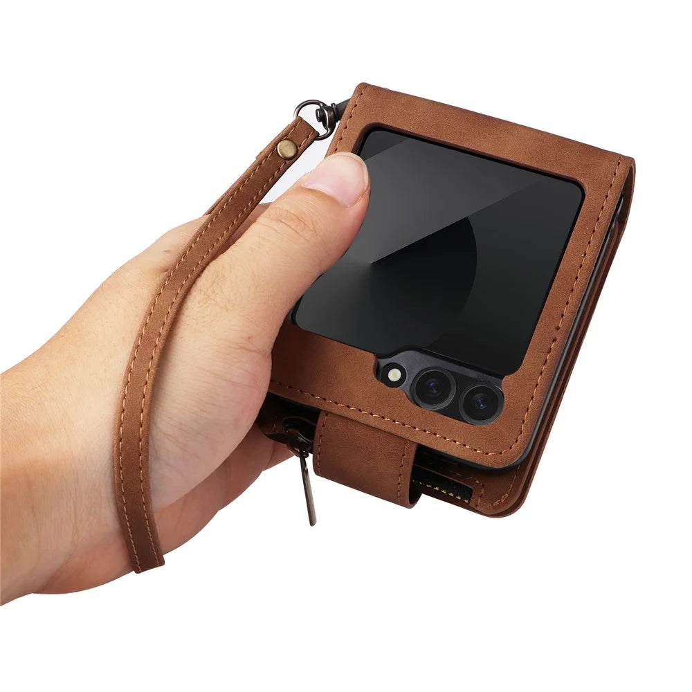 For Samsung Galaxy Z Flip7 FE 5G / Z Flip6 5G Case Zipper Multi-Pocket Wallet Leather Phone Cover with Shoulder and Wrist Straps - Brown - 7