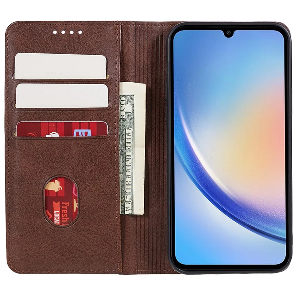 For Samsung Galaxy A18 5G / A18 4G / A17 5G / A17 4G / A06 4G / A06 5G Case Leather Wallet Phone Cover Calf Texture Hidden Magnetic Closure - Brown - 2