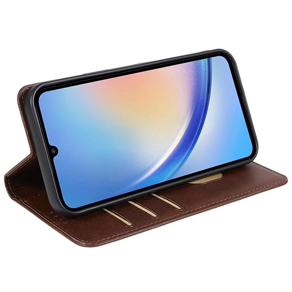 For Samsung Galaxy A18 5G / A18 4G / A17 5G / A17 4G / A06 4G / A06 5G Case Leather Wallet Phone Cover Calf Texture Hidden Magnetic Closure - Brown - 3