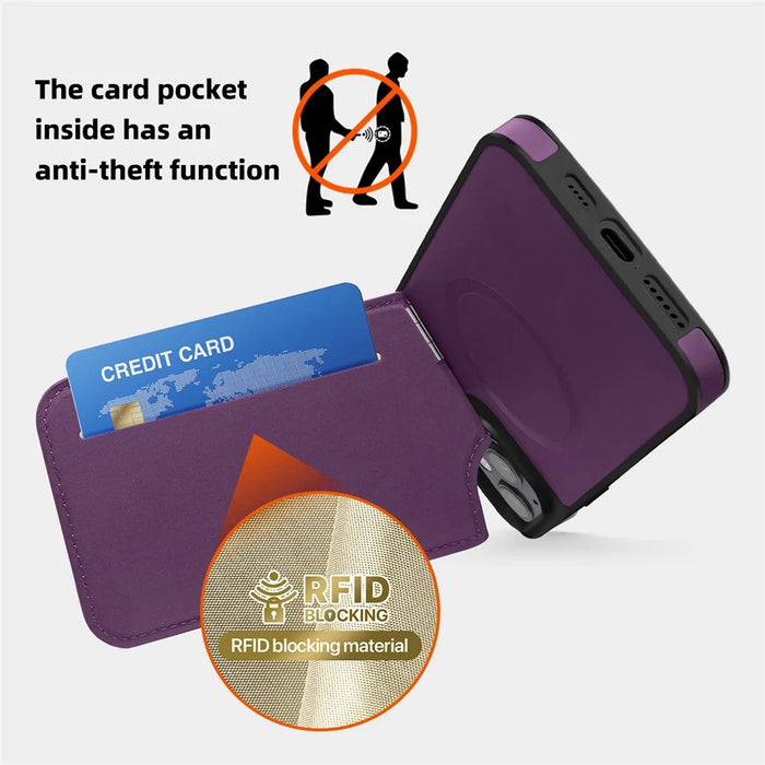 For iPhone 14 Plus Case Compatible with MagSafe RFID Blocking Card Slot Leather Back Cover - Purple - 3