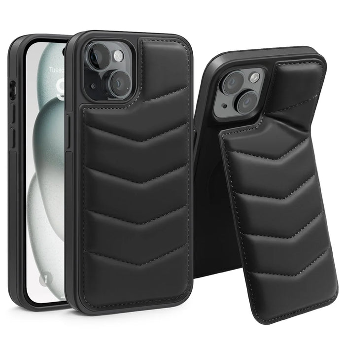 For iPhone 15 Case Card Slot Down Coat Kickstand Leather+TPU Magnetic Phone Cover - Black - 1