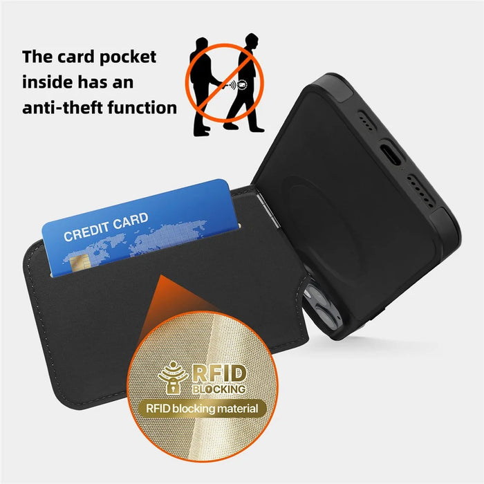 For iPhone 15 Case Card Slot Down Coat Kickstand Leather+TPU Magnetic Phone Cover - Black - 3