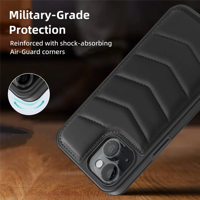 For iPhone 15 Case Card Slot Down Coat Kickstand Leather+TPU Magnetic Phone Cover - Black - 4
