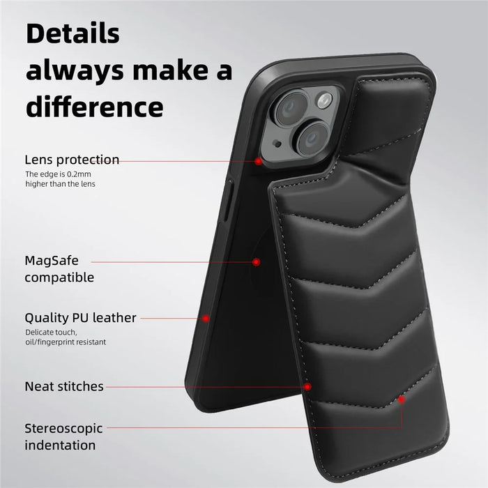 For iPhone 15 Case Card Slot Down Coat Kickstand Leather+TPU Magnetic Phone Cover - Black - 6