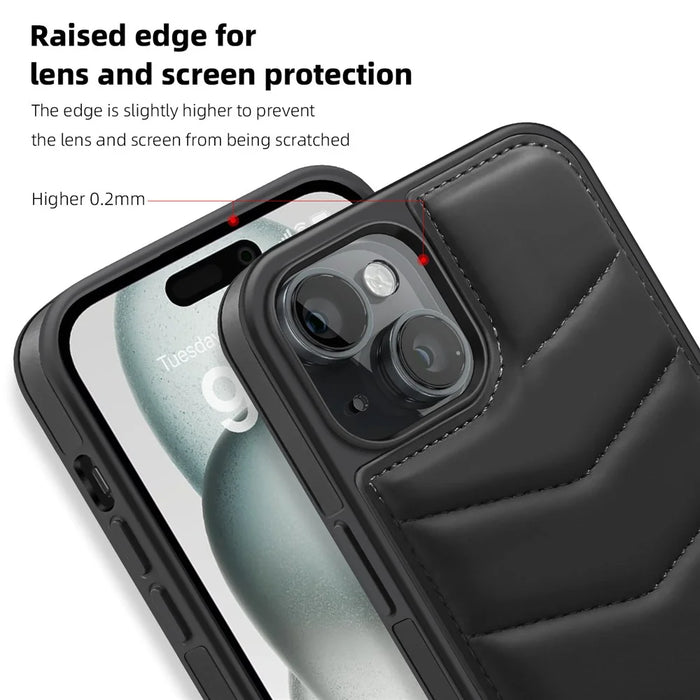 For iPhone 15 Case Card Slot Down Coat Kickstand Leather+TPU Magnetic Phone Cover - Black - 7