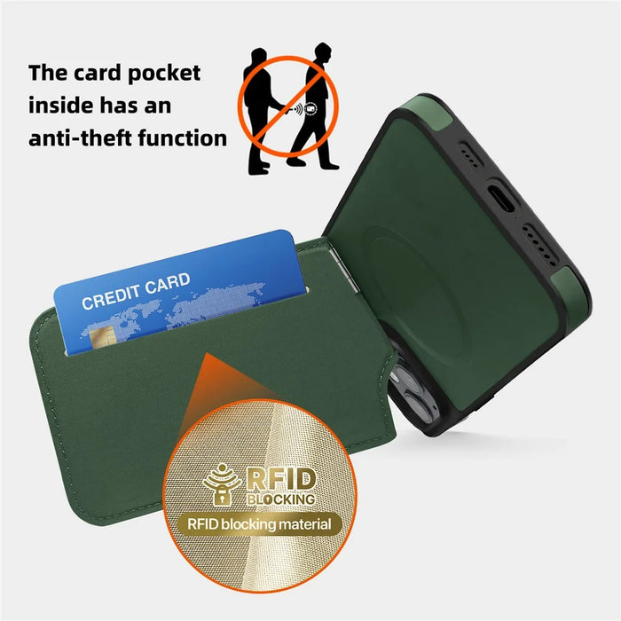 For iPhone 15 Plus Case Compatible with MagSafe RFID Blocking Card Slot Kickstand Phone Cover - Green - 3