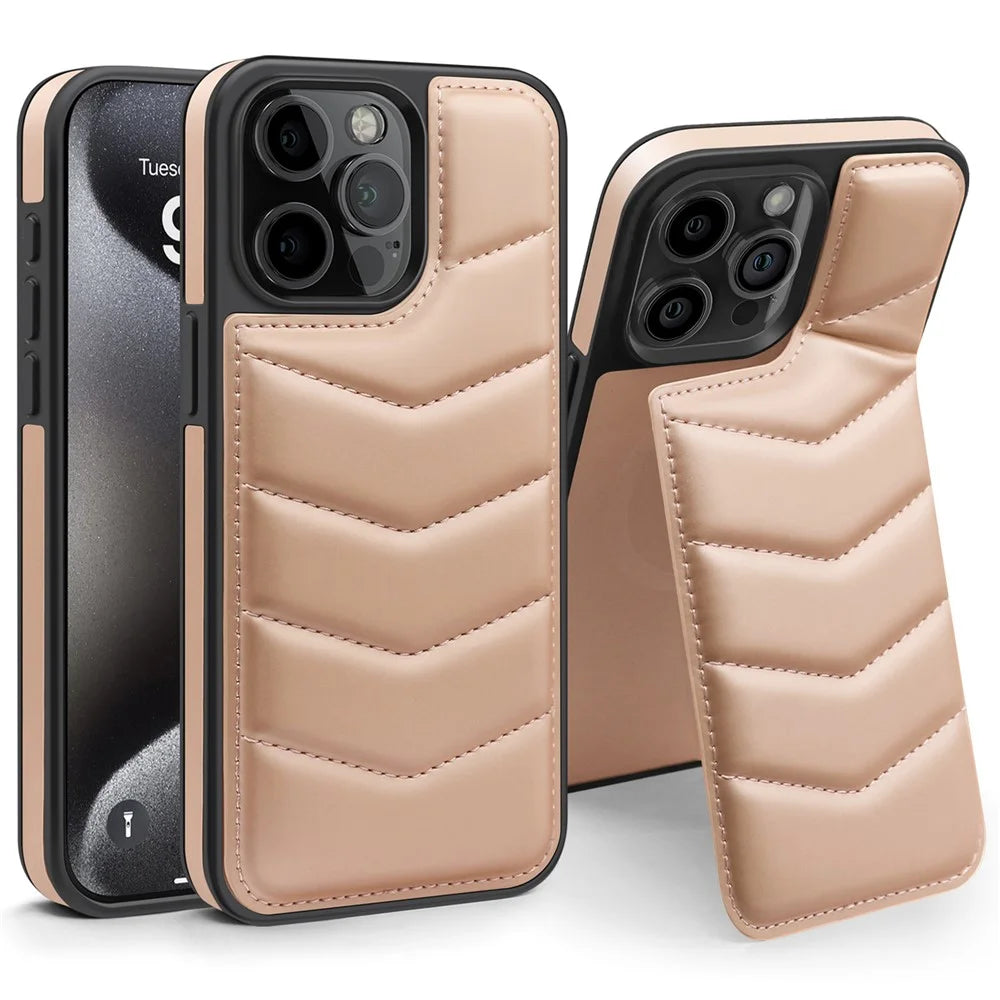 For iPhone 15 Pro Max Magnetic Case RFID Blocking Card Slot Kickstand Leather Back Phone Cover - Pink - 1