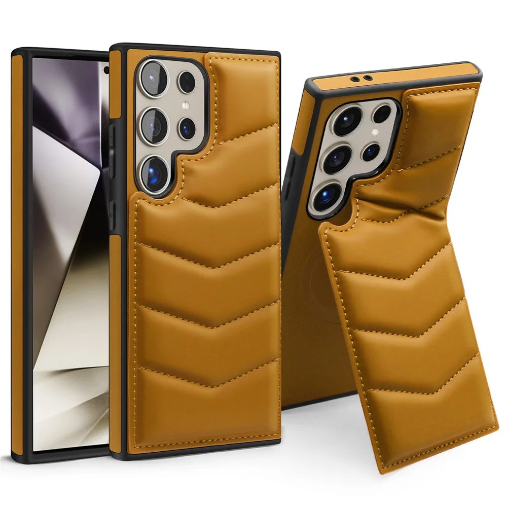 For Samsung Galaxy S24 Ultra Magnetic Case Down Coat Style Leather+TPU Kickstand Phone Cover - Brown - 1
