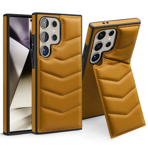 For Samsung Galaxy S24 Ultra Magnetic Case Down Coat Style Leather+TPU Kickstand Phone Cover - Brown - 1
