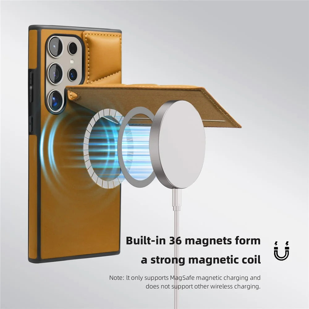 For Samsung Galaxy S24 Ultra Magnetic Case Down Coat Style Leather+TPU Kickstand Phone Cover - Brown - 2