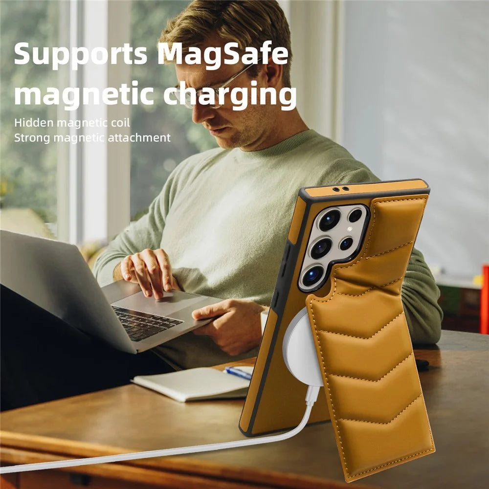For Samsung Galaxy S24 Ultra Magnetic Case Down Coat Style Leather+TPU Kickstand Phone Cover - Brown - 3