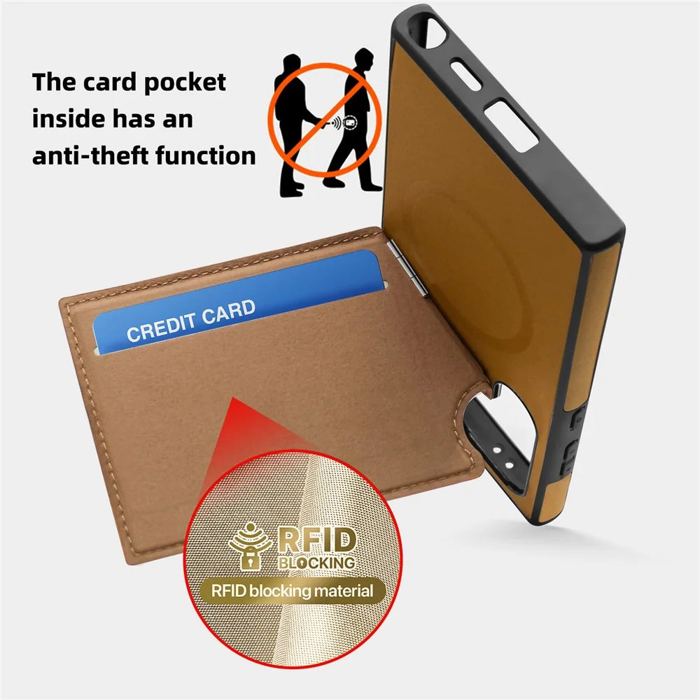 For Samsung Galaxy S24 Ultra Magnetic Case Down Coat Style Leather+TPU Kickstand Phone Cover - Brown - 4