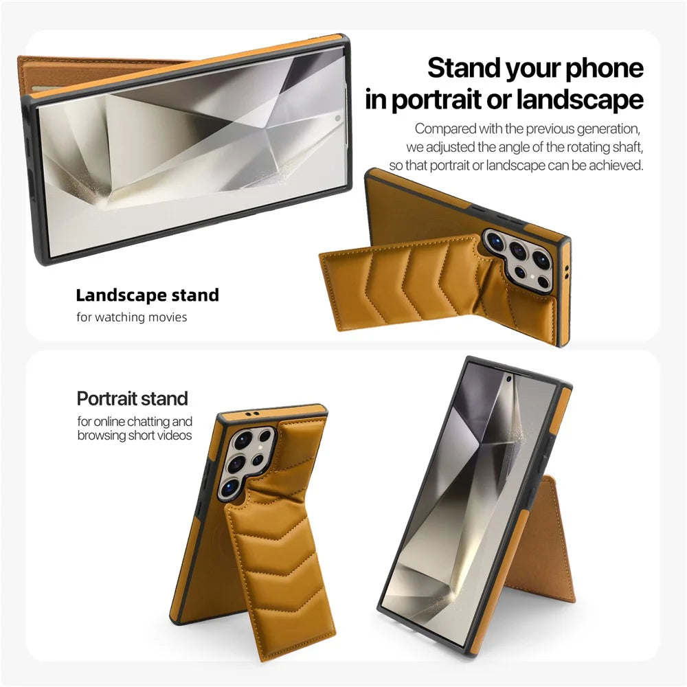 For Samsung Galaxy S24 Ultra Magnetic Case Down Coat Style Leather+TPU Kickstand Phone Cover - Brown - 6