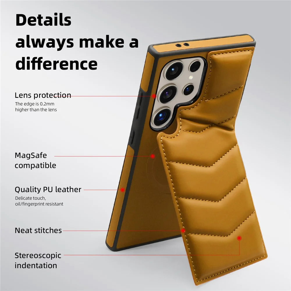 For Samsung Galaxy S24 Ultra Magnetic Case Down Coat Style Leather+TPU Kickstand Phone Cover - Brown - 7