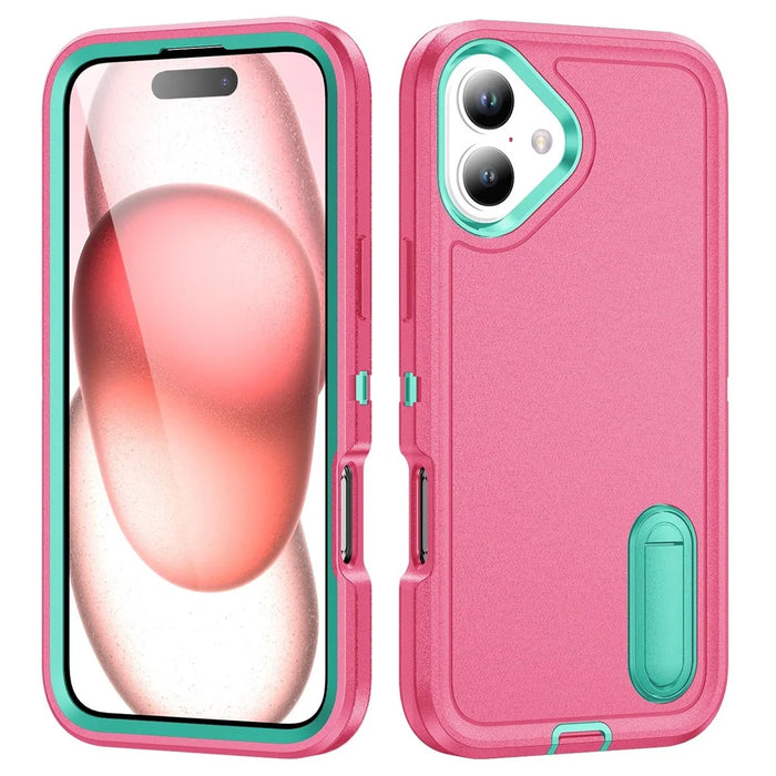 For iPhone 16 Case PC+Silicone+EVA Kickstand Drop-Proof Phone Cover - Rose+Light Cyan - 1