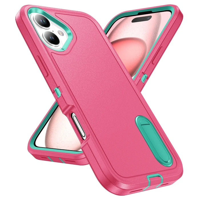 For iPhone 16 Case PC+Silicone+EVA Kickstand Drop-Proof Phone Cover - Rose+Light Cyan - 2