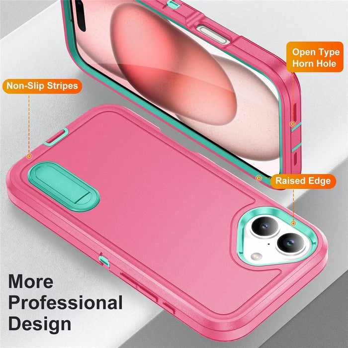 For iPhone 16 Case PC+Silicone+EVA Kickstand Drop-Proof Phone Cover - Rose+Light Cyan - 3