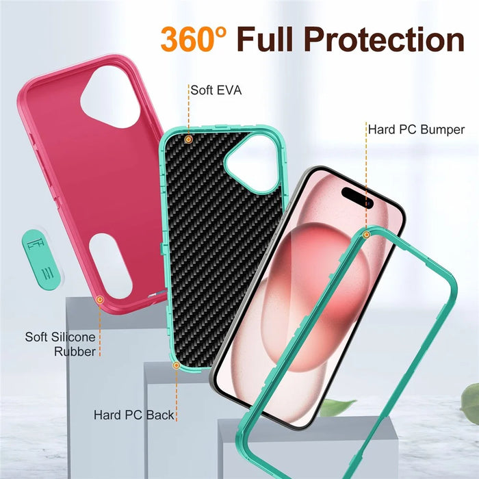 For iPhone 16 Case PC+Silicone+EVA Kickstand Drop-Proof Phone Cover - Rose+Light Cyan - 4