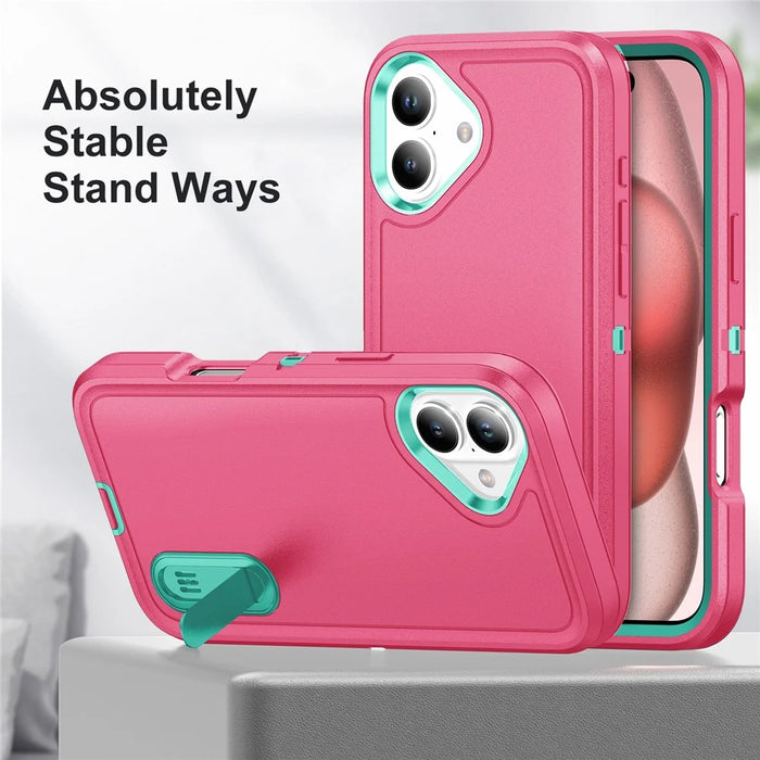 For iPhone 16 Case PC+Silicone+EVA Kickstand Drop-Proof Phone Cover - Rose+Light Cyan - 6