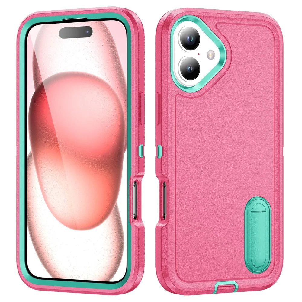 For iPhone 16 Plus Case Kickstand Phone Cover PC+Silicone+EVA 3-in-1 Design - Rose+Light Cyan - 1