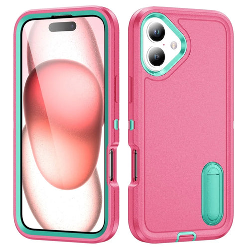 For iPhone 16 Plus Case Kickstand Phone Cover PC+Silicone+EVA 3-in-1 Design - Rose+Light Cyan - 1
