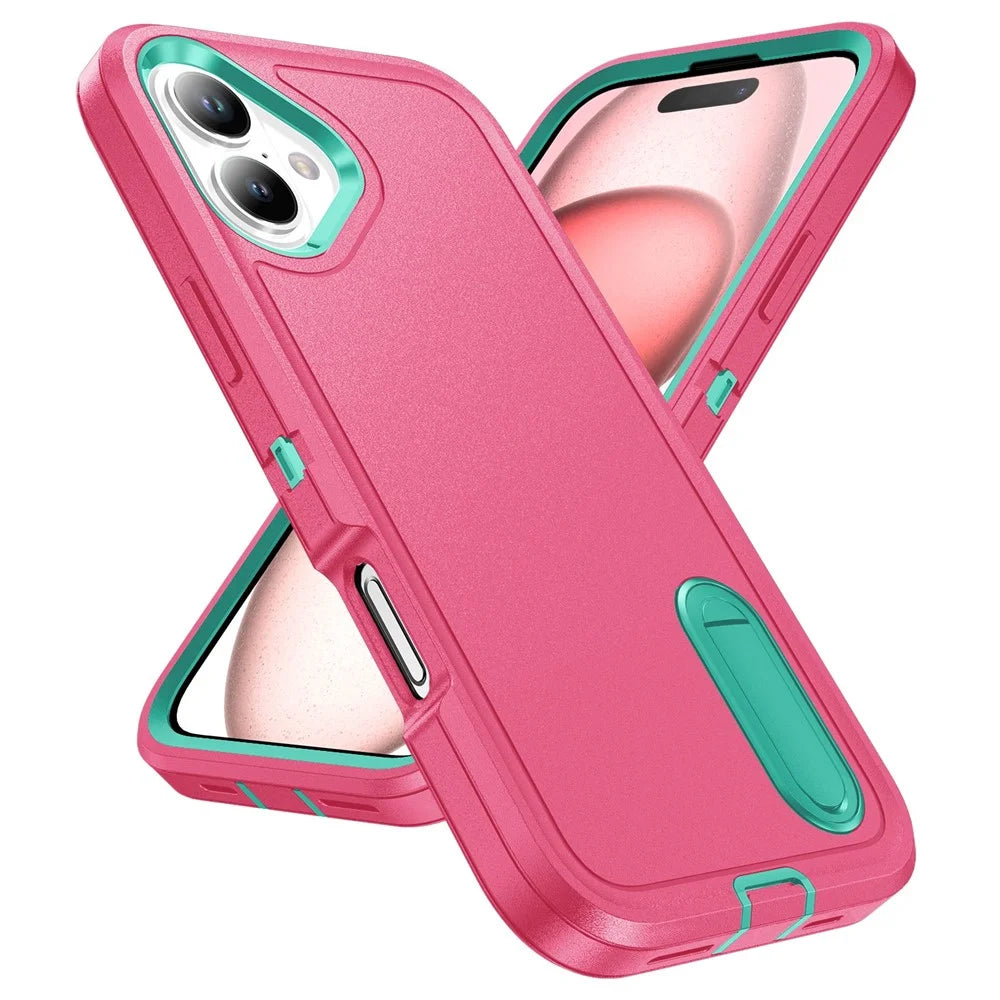 For iPhone 16 Plus Case Kickstand Phone Cover PC+Silicone+EVA 3-in-1 Design - Rose+Light Cyan - 2